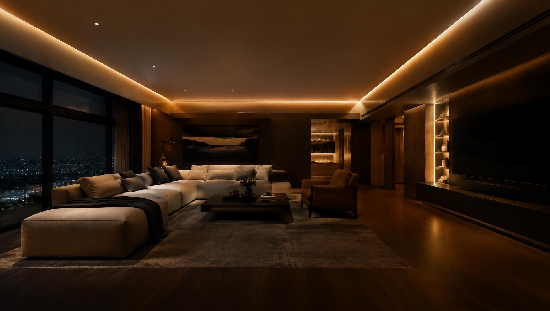 Sala sofisticada iluminada com LED à noite